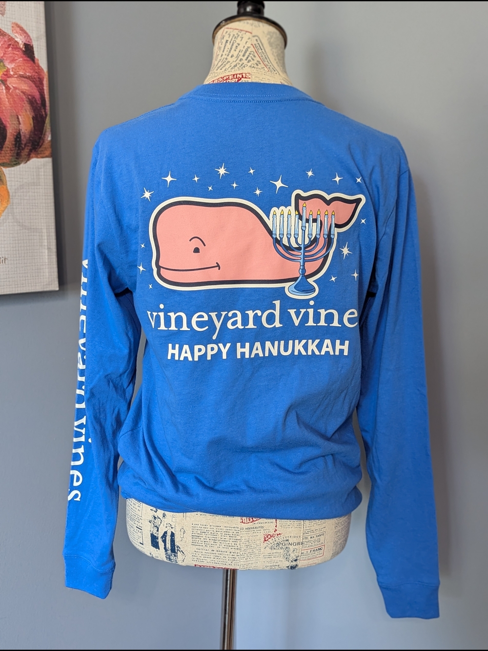Vineyard Vines Blue Long-Sleeve 'Happy Hanukkah' Whale Tee